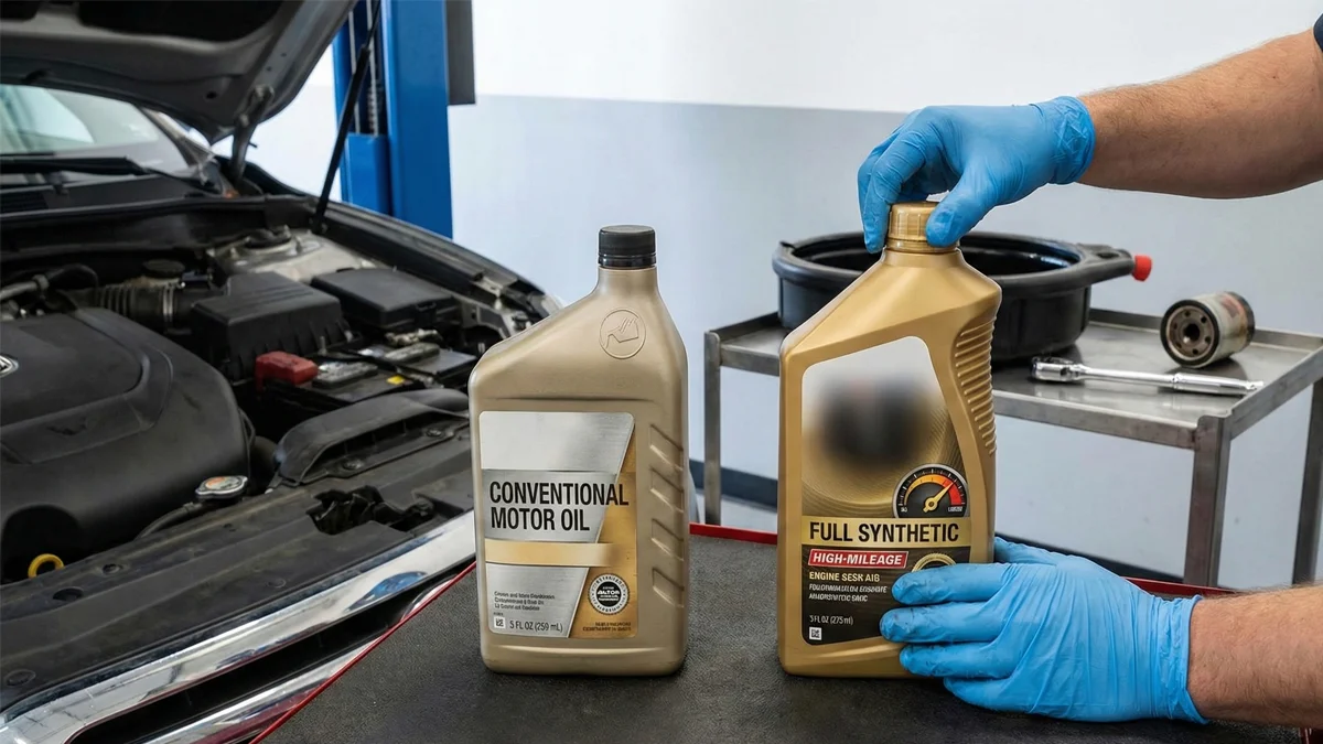 A mechanic's gloved hands holding side-by-side bottles of conventional motor oil and full synthetic oil on a cart in an auto repair shop.