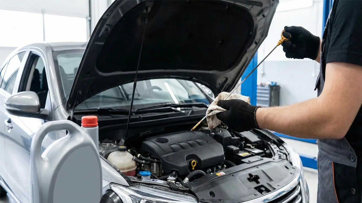 A mechanic checking the engine oil dipstick of a car in a garage, with a jug of new oil and a funnel lying in the foreground.