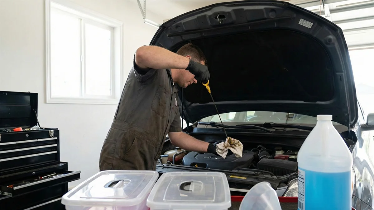 A man demonstrates how to check car fluids at home grage by inspecting the engine oil dipstick.