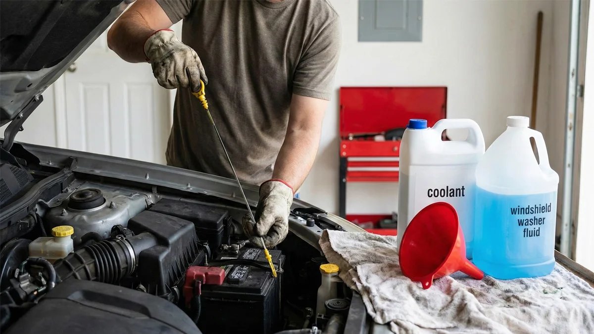 A man in a garage checks the engine oil dipstick under the hood of a car. In the foreground are containers labeled "COOLANT" and "BRAKE FLUID," a funnel, and other automotive supplies.