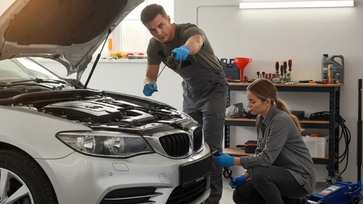 Man checking oil and woman assisting with DIY car maintenance for beginners on a silver BMW.