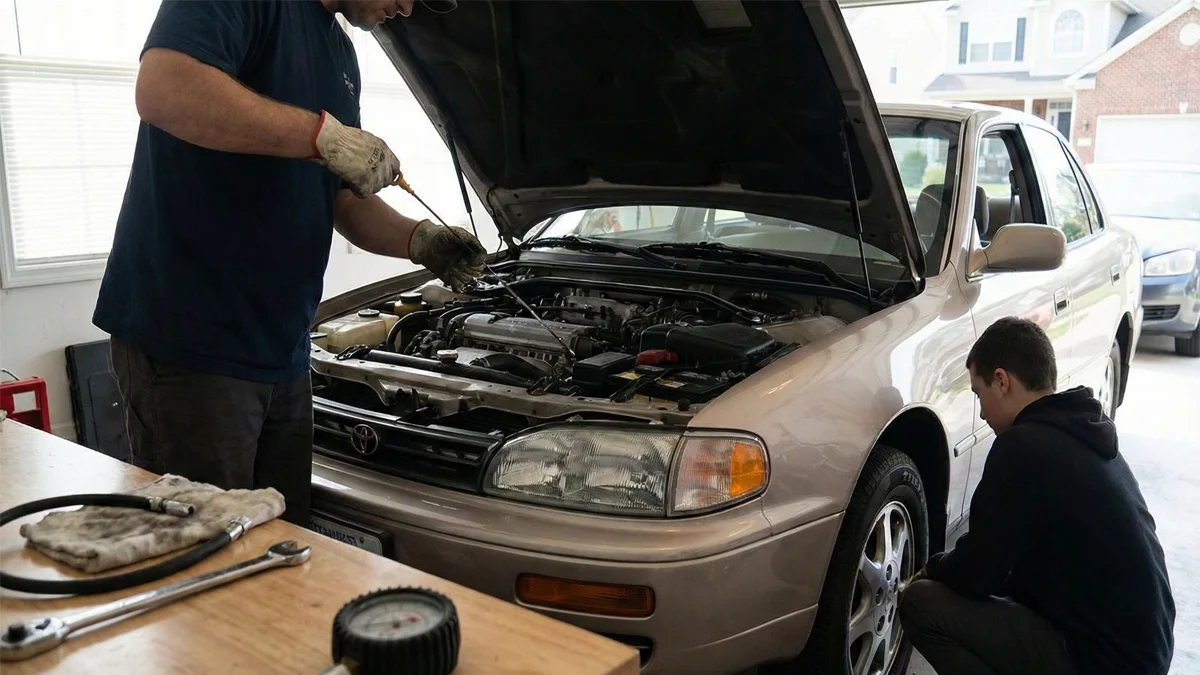 Men performing DIY car maintenance for beginners, checking oil and tire pressure in a home garage.