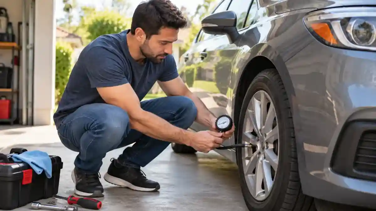 Beginner checking tire pressure during DIY car maintenance at home