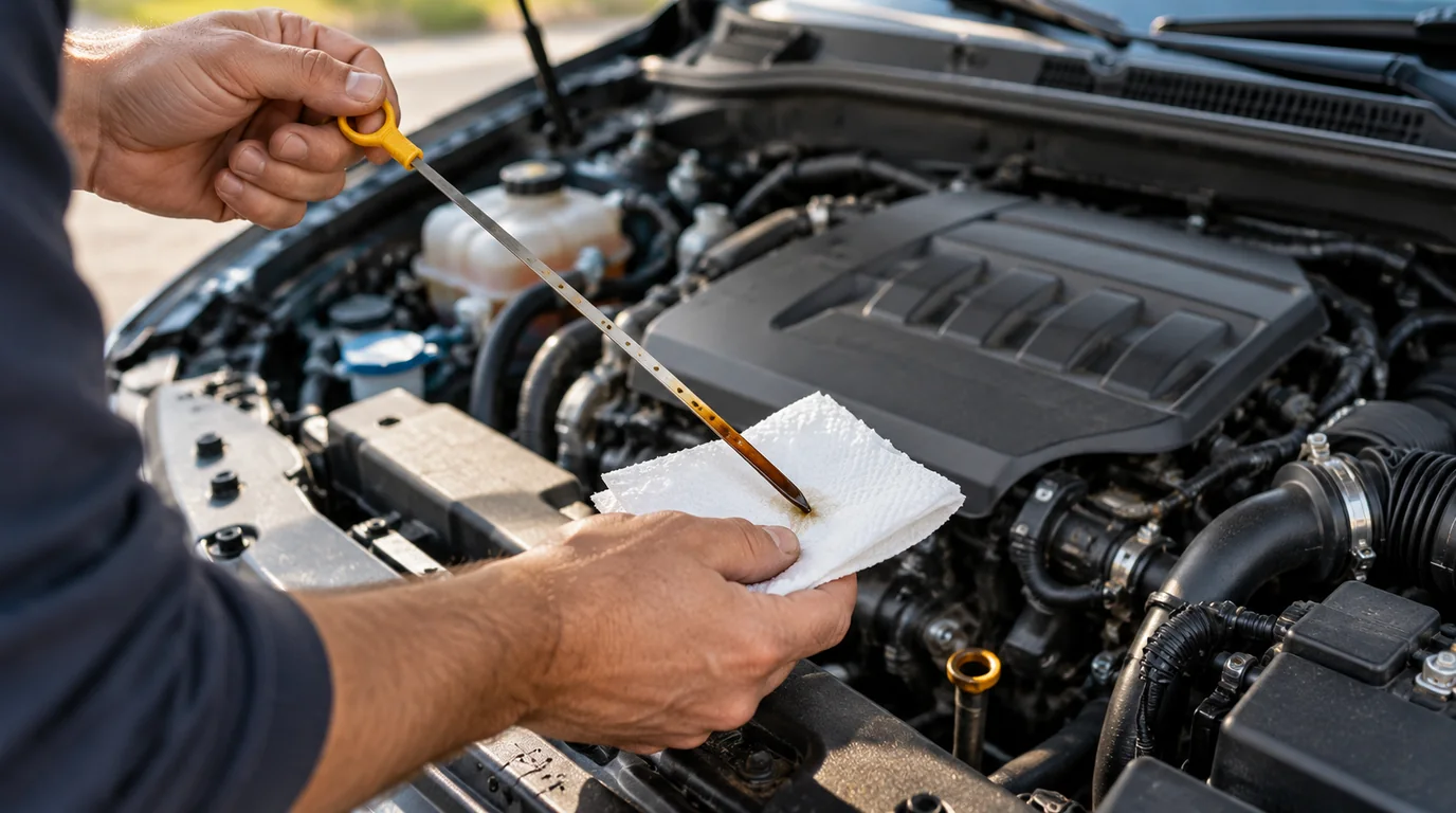 Checking engine oil level with a dipstick under the hood