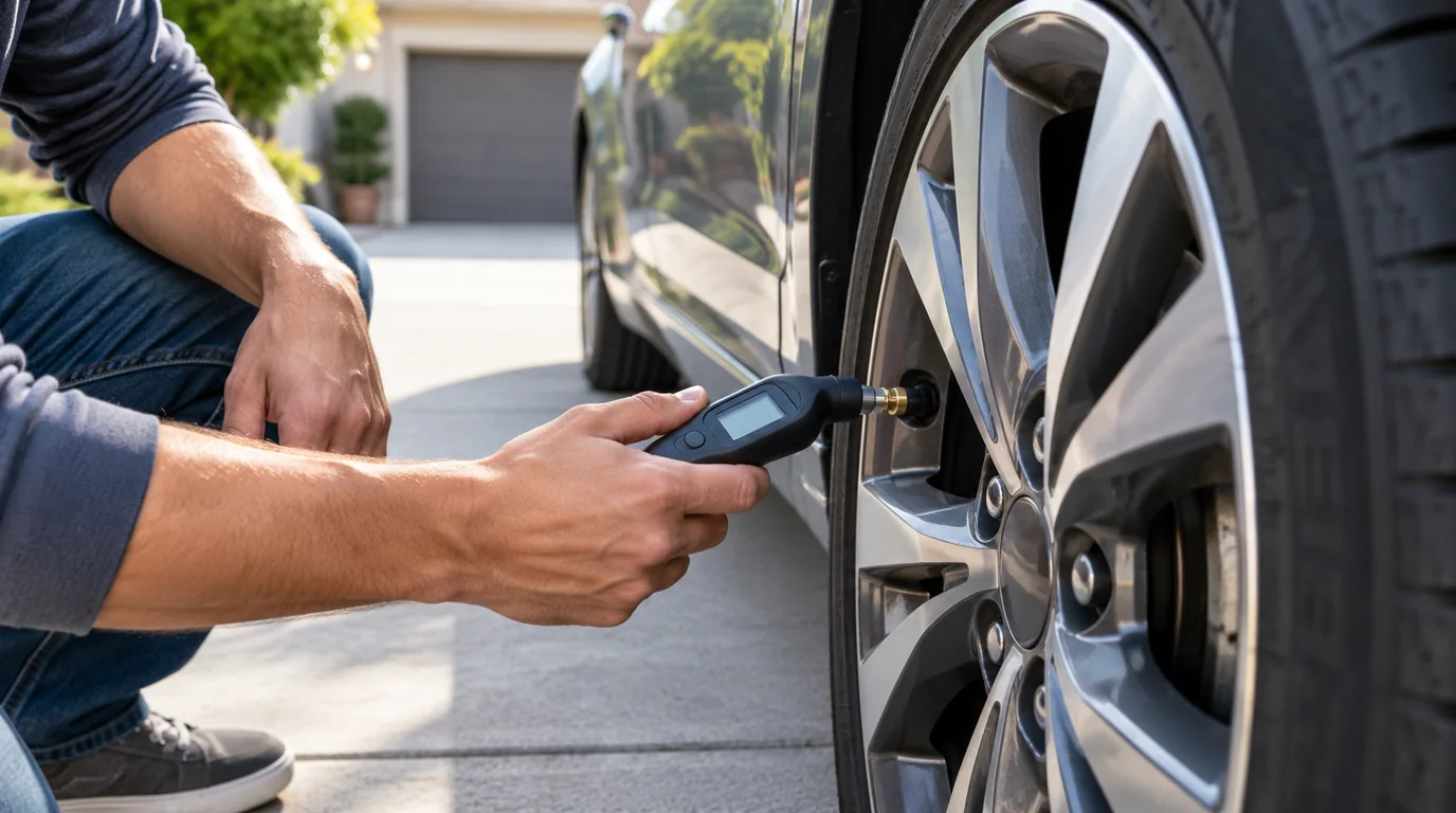Checking car tire pressure at home with a digital pressure gauge