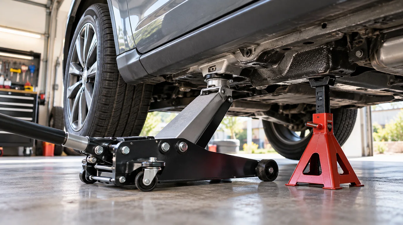 Car safely lifted at the correct jack point with a floor jack and jack stand