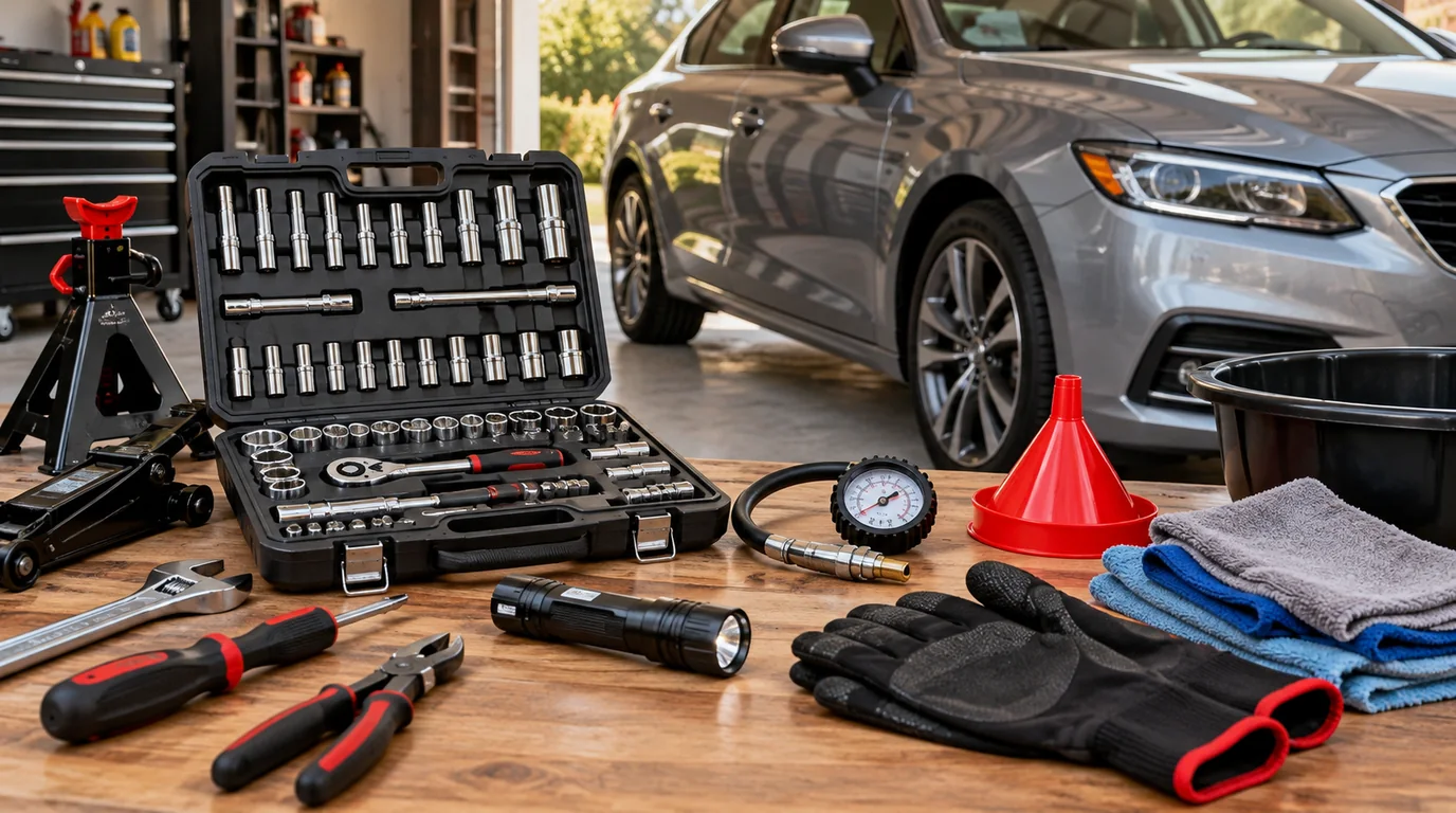 Basic car maintenance tools for beginners arranged beside a car