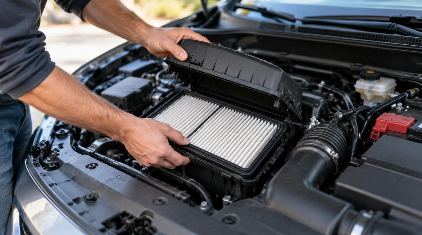 Replacing a car engine air filter in the engine bay