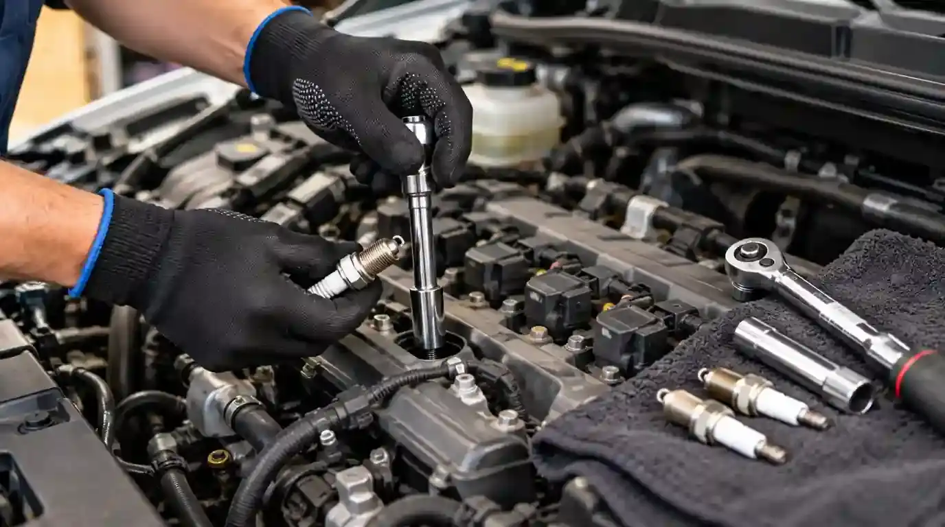 Mechanic changing a spark plug in a car engine bay