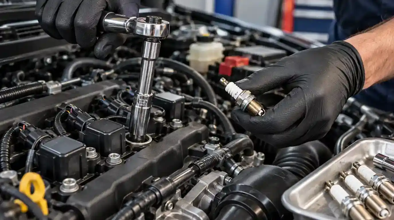 Mechanic changing a spark plug in a car engine bay