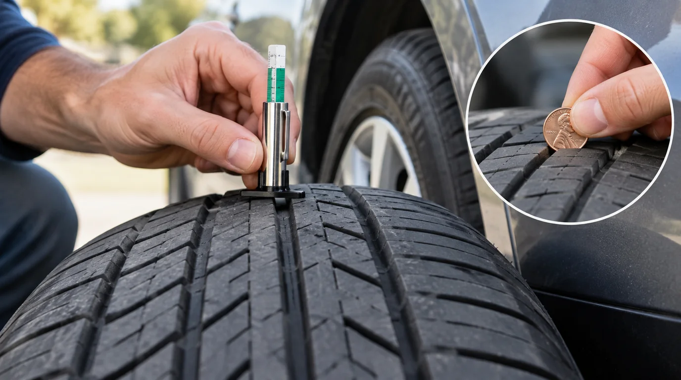 Checking tire tread depth with a tread gauge and penny test