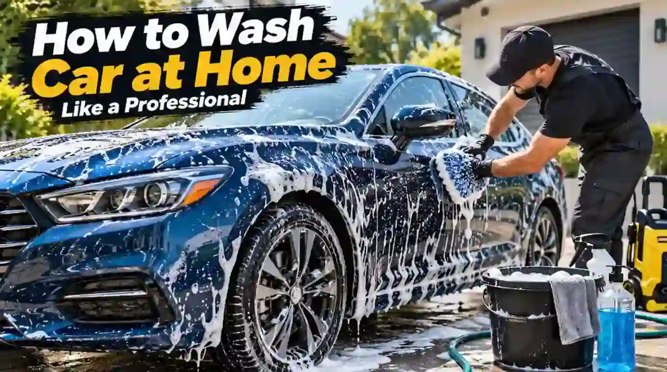 Person washing a car at home with a microfiber wash mitt and bucket