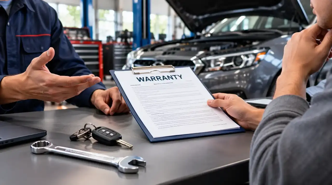 Car owner reviewing vehicle warranty paperwork with a professional mechanic