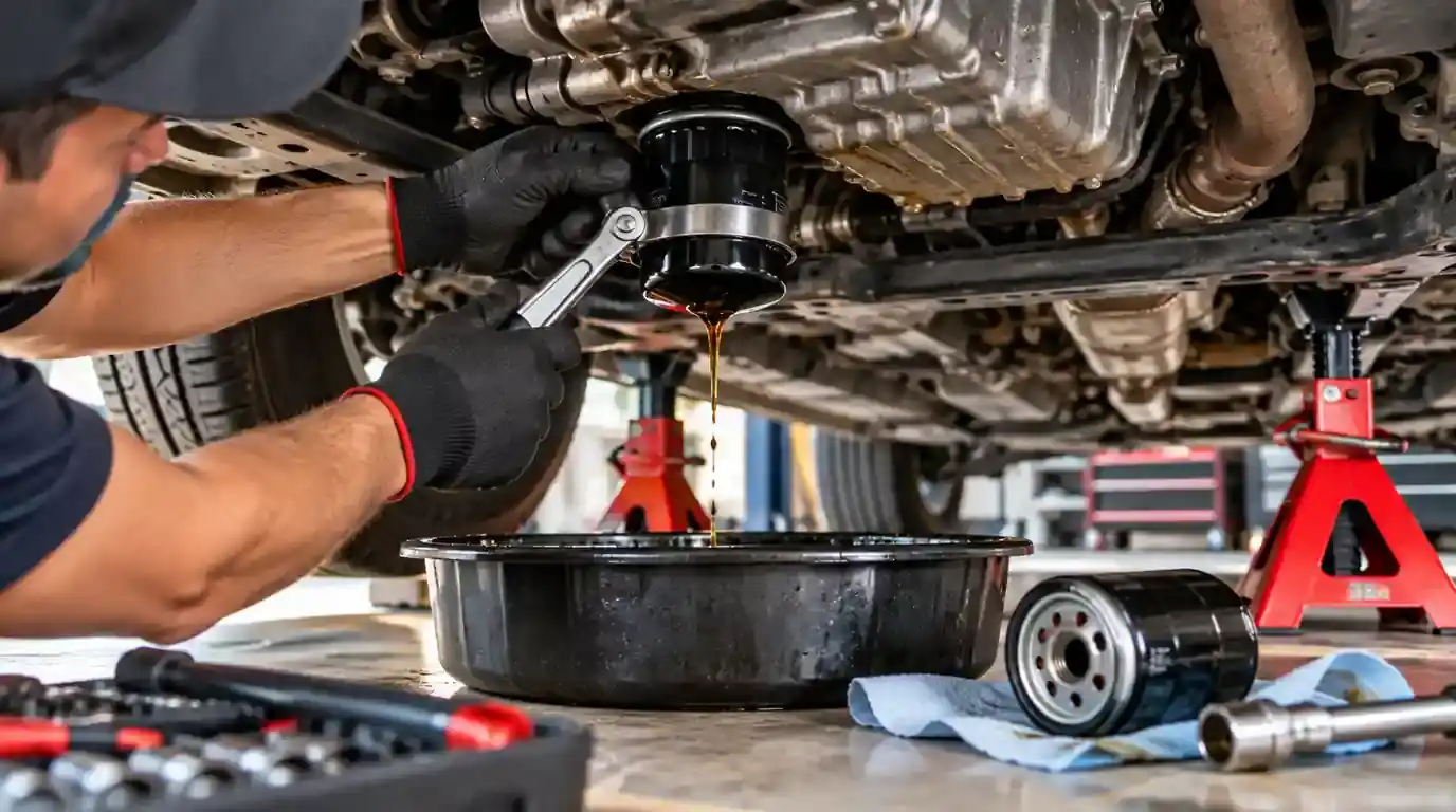 Mechanic safely removing an oil filter while draining engine oil into a pan