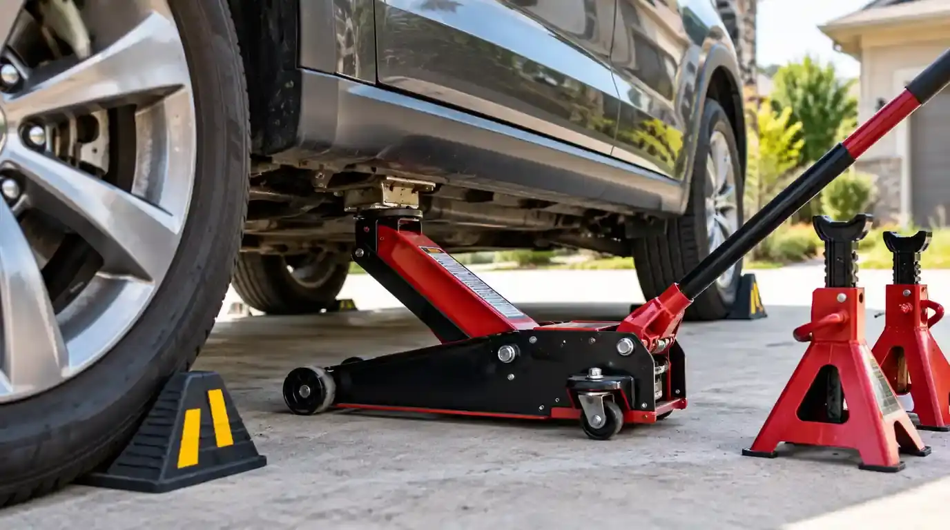 Car safely lifted at home with a hydraulic floor jack, jack stands, and wheel chocks
