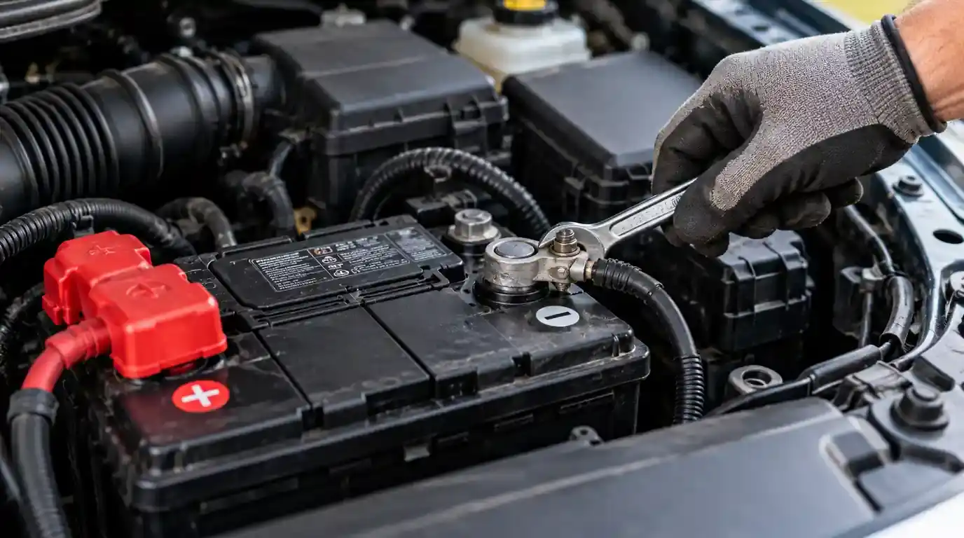 Gloved hand safely loosening the negative terminal clamp on a car battery