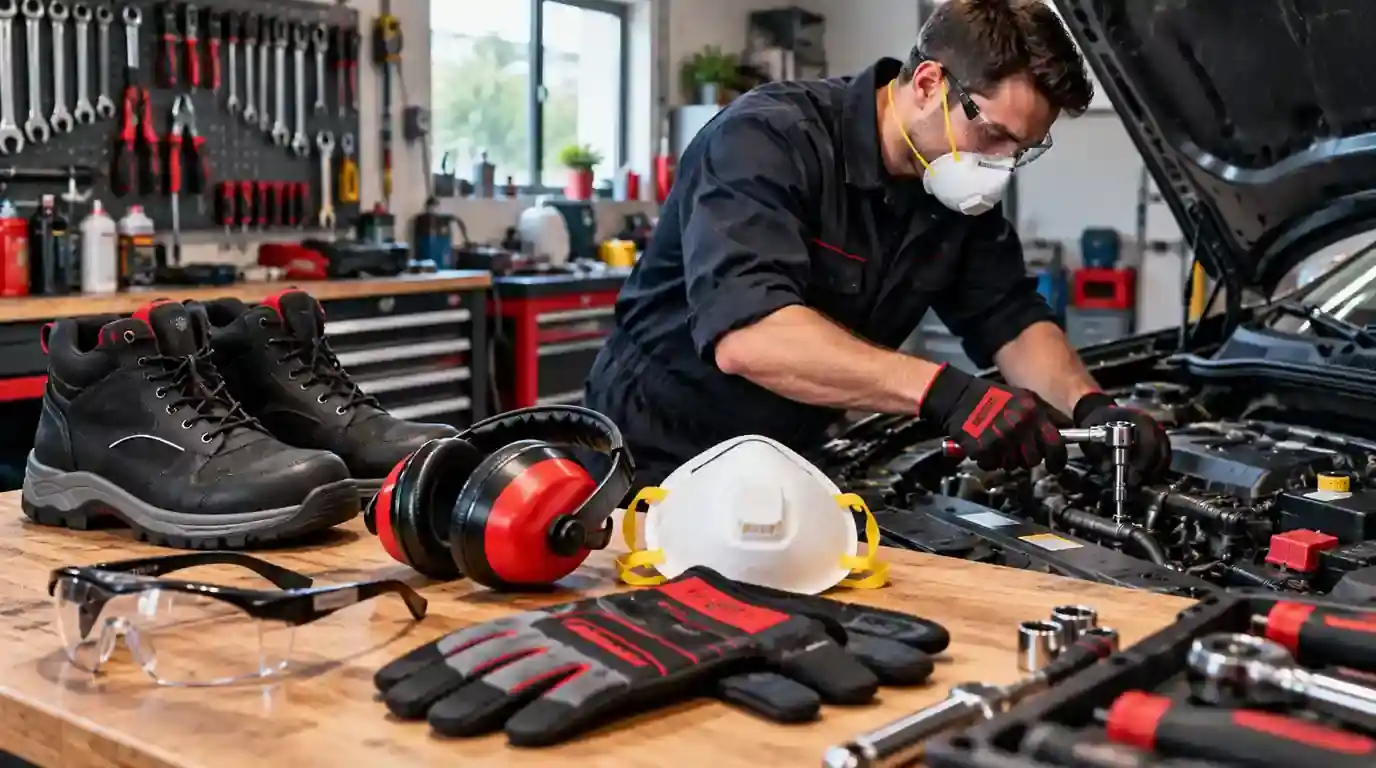 Mechanic wearing safety glasses, respirator, gloves, and protective work gear for car DIY