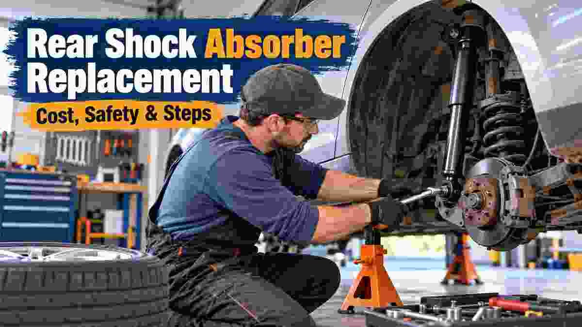 Mechanic replacing a rear shock absorber on a safely supported car