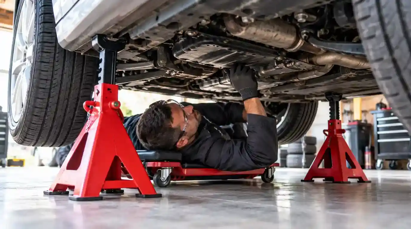 Mechanic safely inspecting underneath a car supported by jack stands