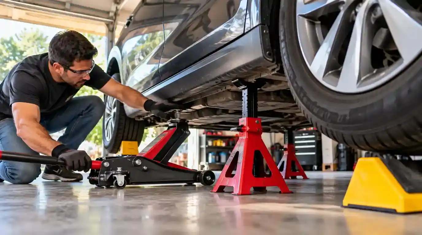 Mechanic safely using a floor jack with jack stands and wheel chocks