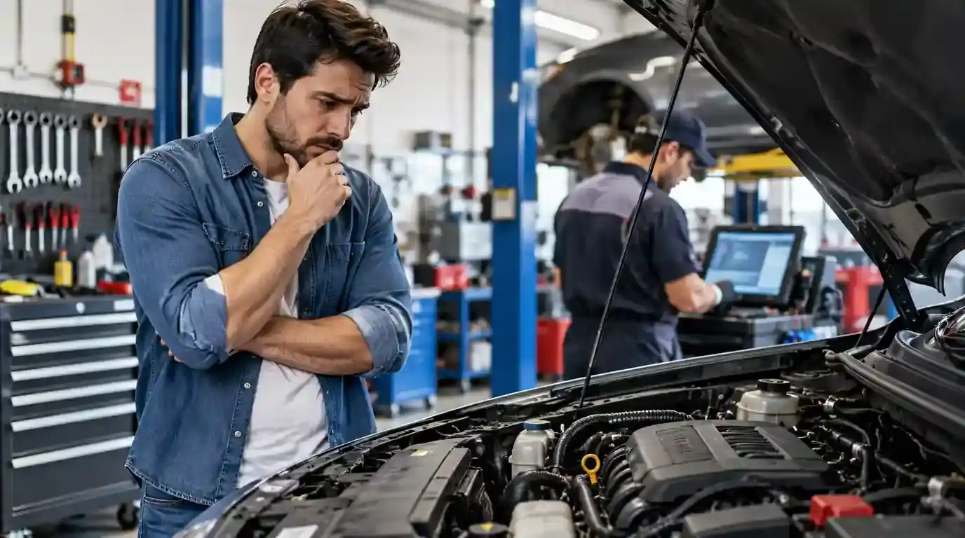 Car owner deciding to leave a difficult repair to a professional mechanic