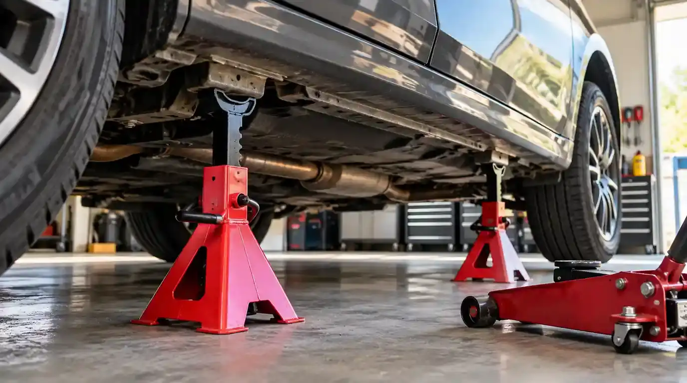 Car safely supported by jack stands at proper support points