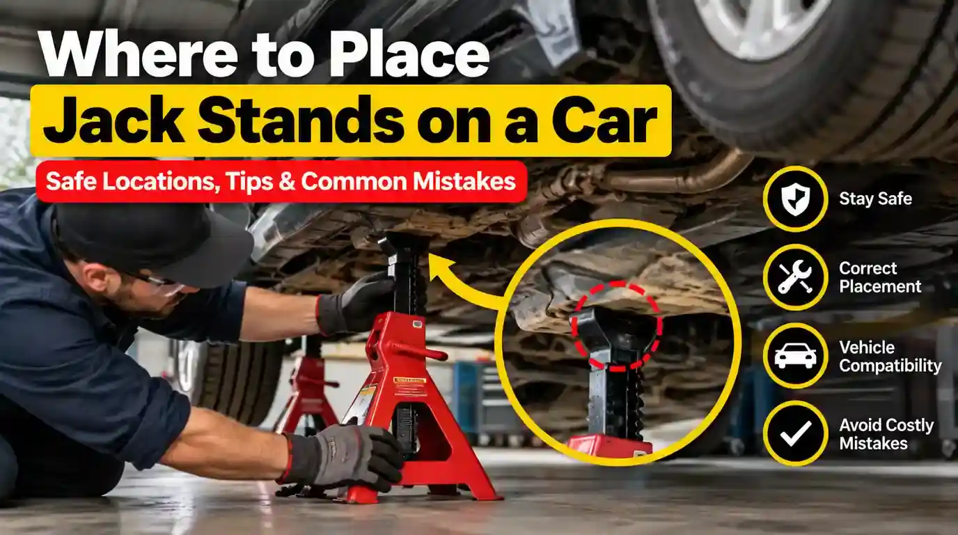 Mechanic positioning a jack stand at a safe support point under a car frame