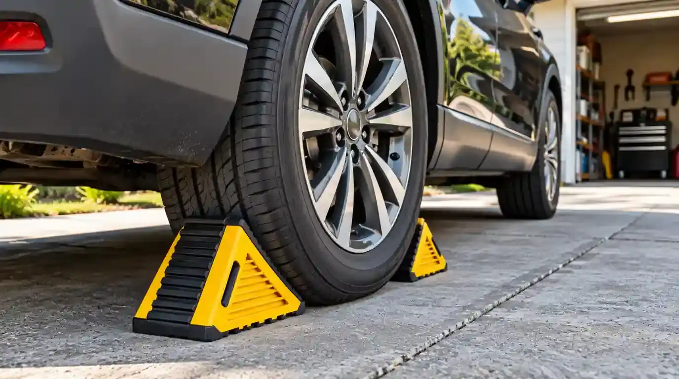Yellow wheel chocks securely positioned around a parked vehicle tire